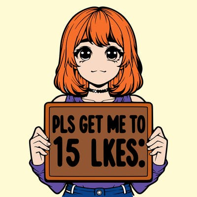 realistic girl holding up a sign that says “pls get me to 15 likes!”