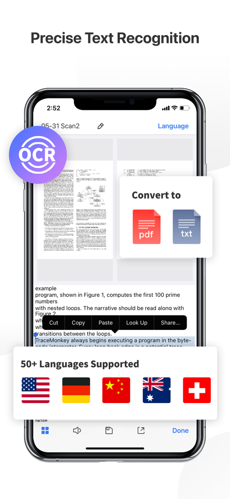 PDF Reader Pro – Lite Edition - PDF Reader Pro Lite showing OCR text recognition and 50 plus supported languages on an iPhone screen