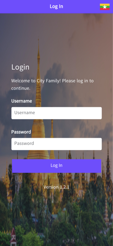 Login screen of the City Family app featuring username and password fields with a golden pagoda background.