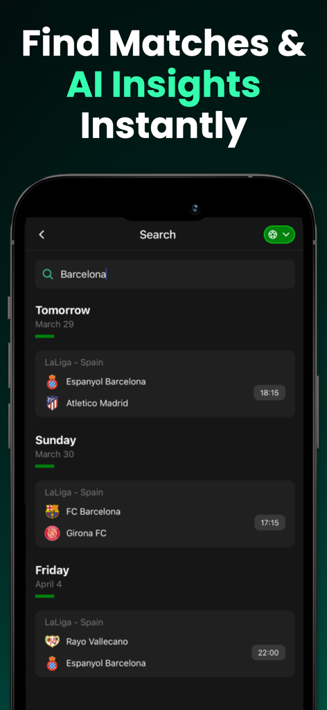 ScoreTips AI - A mobile screen from the ScoreTips AI app showing a search for Barcelona soccer matches with upcoming fixtures and dates.