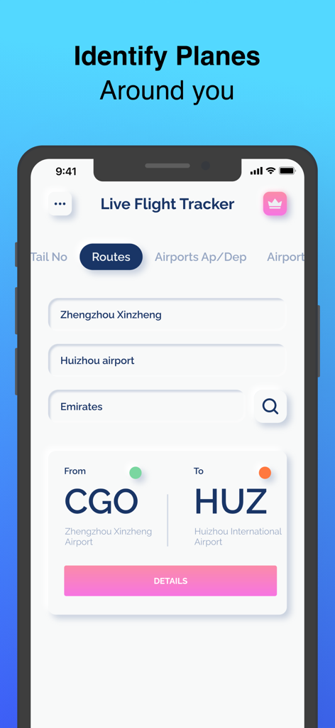 Live Flights Tracker - Schermata di ricerca per rotte di volo per aeroporti di origine e destinazione