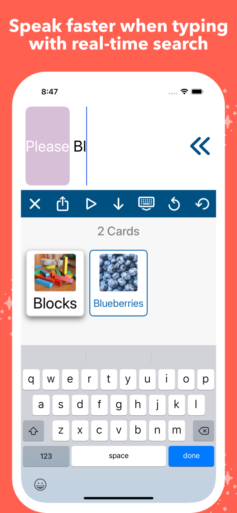 Función de búsqueda en tiempo real en Mighty AAC que muestra tarjetas de imágenes de bloques y arándanos mientras se escribe