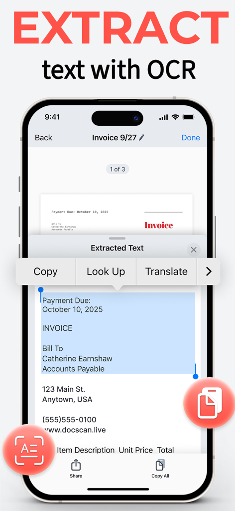 DocScan – PDF Document Scanner - DocScan app interface extracting text from a scanned invoice using OCR technology