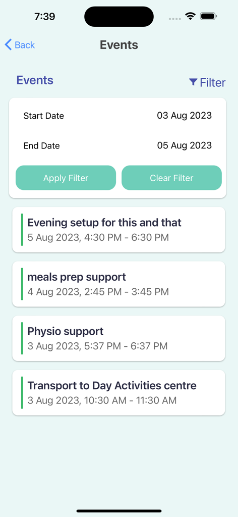 Personal event calendar in the Leecare P6MyCarePlan app listing daily care activities like meal prep and therapy support