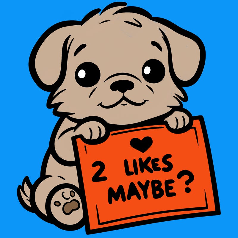 a puppy holding a sign that says 2 likes maybe?