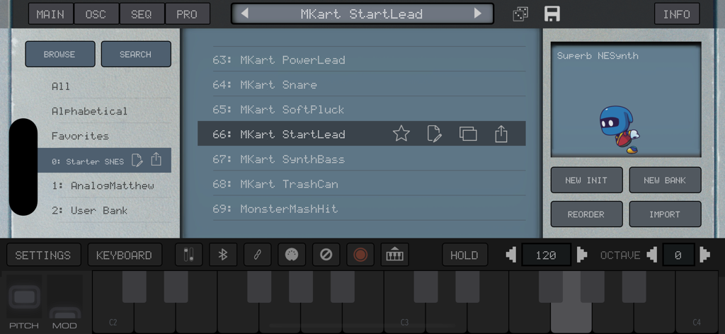 SNESynth: Chiptune Power! - Preset browser interface of the SNESynth app showing various 16 bit chiptune sound selections and a retro pixel art character.