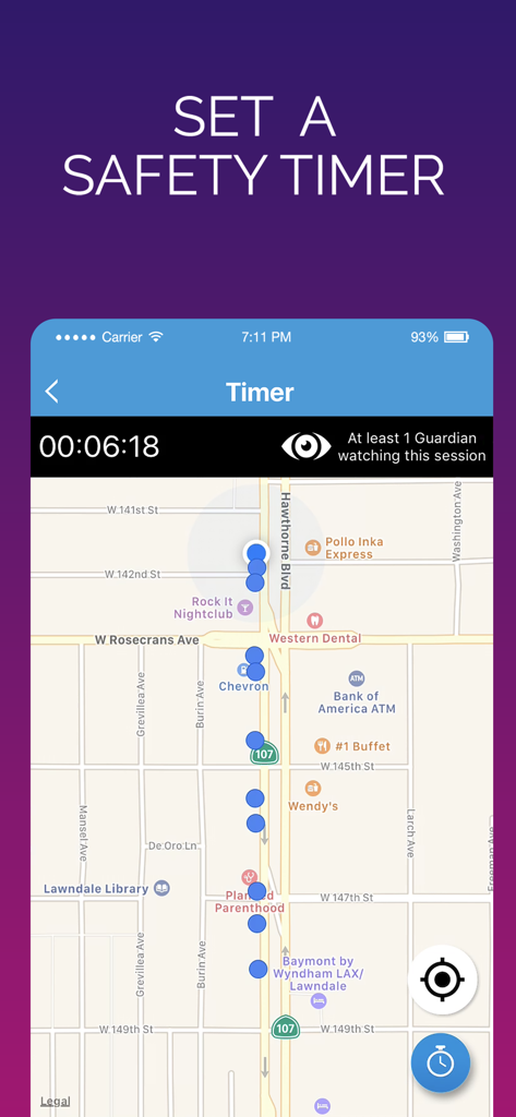 Rave Guardian - Interfaz de la aplicación Rave Guardian que muestra un temporizador de seguridad activo con un mapa GPS en vivo y una notificación de que un guardián está observando la sesión.