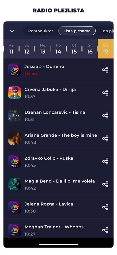 Radio Bosnia FM Online Live - Pantalla de la aplicación móvil mostrando una lista cronológica de canciones reproducidas en Radio M, incluyendo artistas como Jessie J y Crvena Jabuka