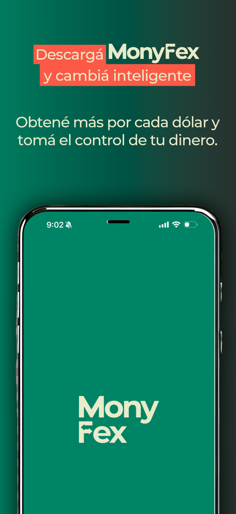 MonyFex - Monyfex-App-Startbildschirm mit Marketingtext auf Spanisch über intelligenten Währungsumtausch und Geldmanagement.