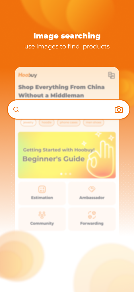 Hoobuy Mobile-App-Oberfläche, die die Bildersuche hervorhebt, um Produkte von chinesischen Marktplätzen anhand von Fotos zu finden.