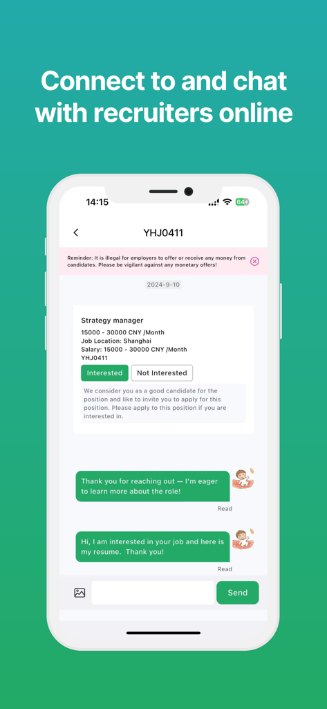 eChinacities - Screenshot of the eChinacities app showing a real-time chat between a candidate and a recruiter for a strategy manager position in Shanghai