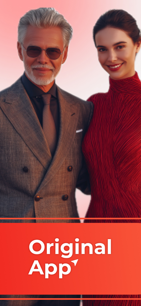 Sеекing Arrаngmеnt - Manager - 전문적인 남녀가 빨간 배경 위에서 Original App이라는 글자와 함께 웃고 있는 모습