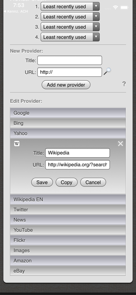 Settings screen in the Just Search app showing options to add new search providers and edit existing ones like Wikipedia and Amazon