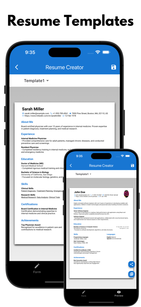 AI Resume Maker PDF CV Builder - Professional resume templates displayed on the AI Resume Maker mobile app interface.