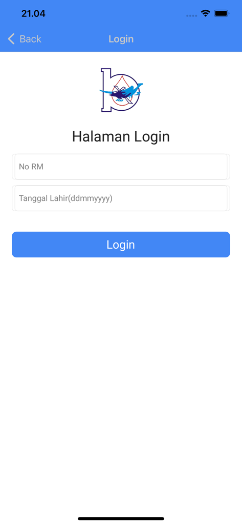 Login screen for RS Bethesda Mobile app requiring medical record number and date of birth