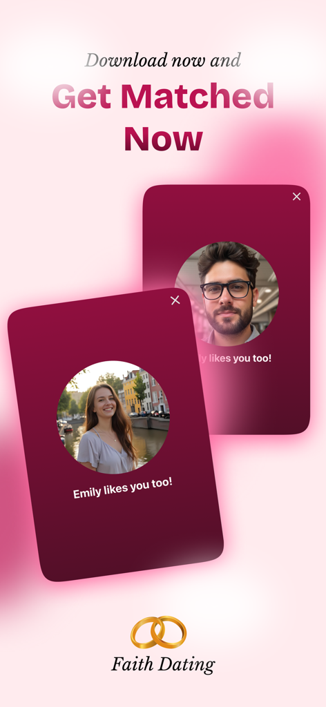 Faith - Christian singles - A promotional screen for the Faith Christian dating app showing two user profile cards with the heading Get Matched Now.