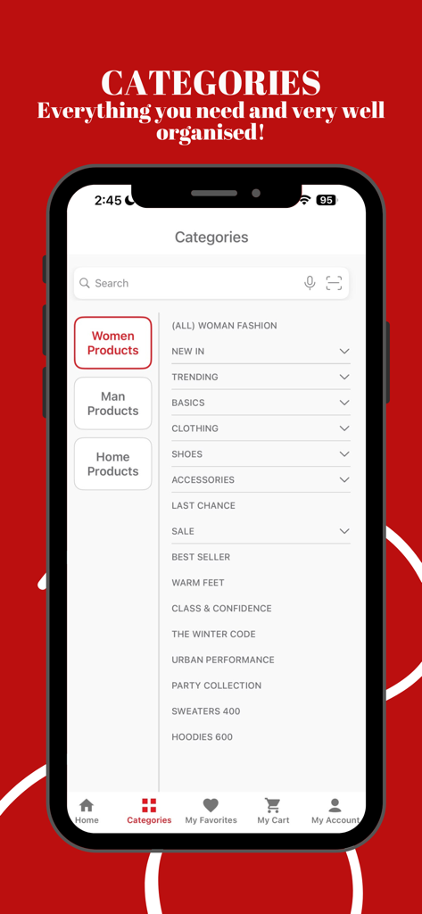 Klaudio Fashion - Organized product categories screen in the Klaudio Fashion app showing women fashion subcategories