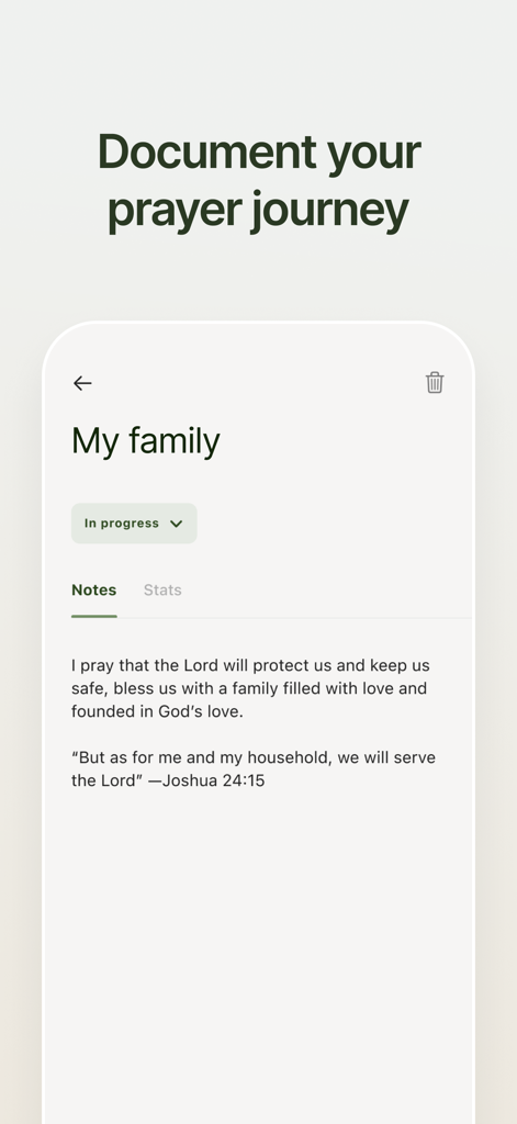 Prayminder - Prayminder app screen for documenting a personal prayer journey with notes and scripture.