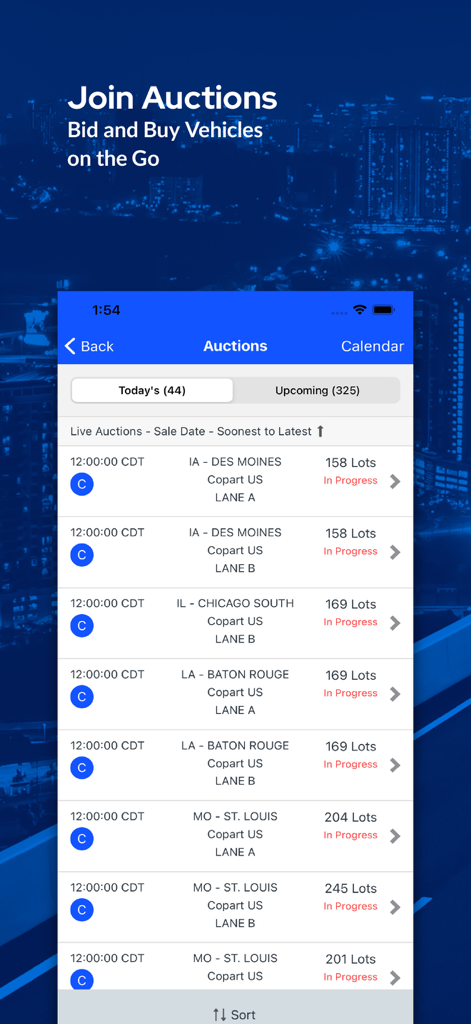 Copart - Online Auto Auctions - A mobile app interface displaying a list of live auto auctions sorted by location and lot availability