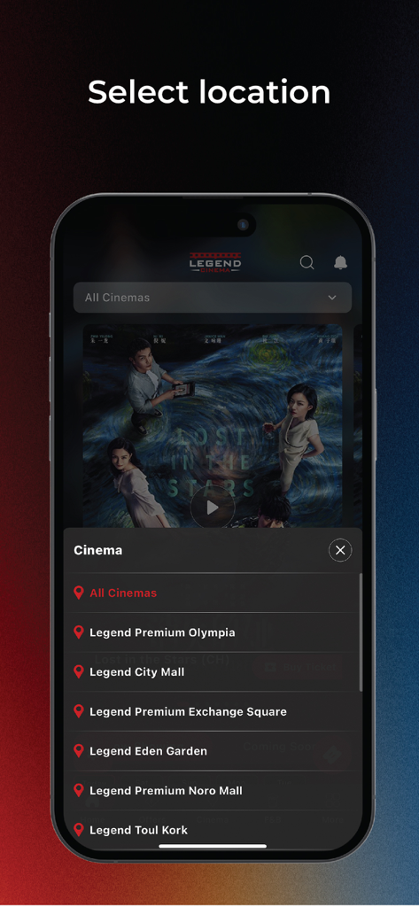 Legend Cinema - Legend Cinema mobile app screen showing a list of theater locations for selection