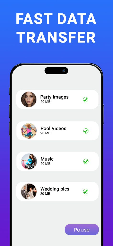Smart Switch: Copy my data - 이미지, 동영상, 음악의 데이터 전송이 성공했음을 녹색 체크 표시와 함께 보여주는 모바일 앱 인터페이스