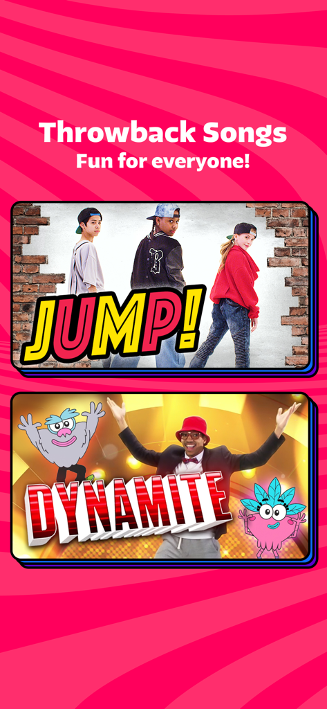 GoNoodle app screen showing throwback song video thumbnails for Jump and Dynamite