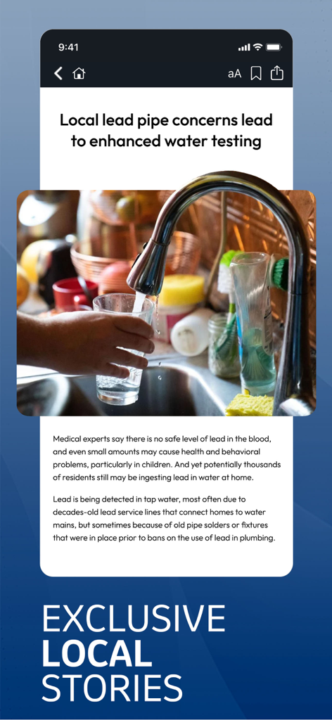 The Buffalo News App - Smartphone screen showing a local news article about water pipe testing from The Buffalo News app.
