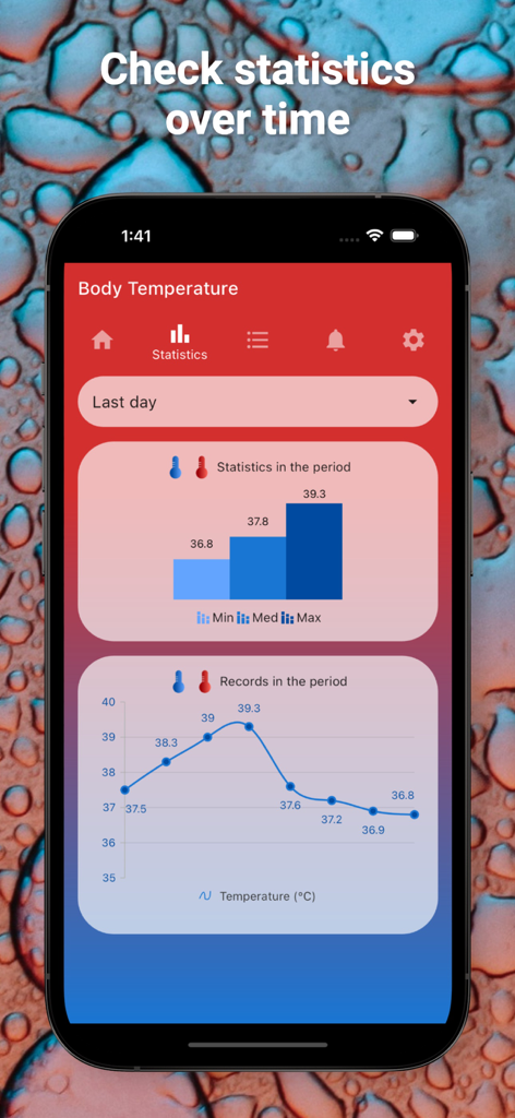 A smartphone displaying the Body Temperature App with bar and line charts showing temperature statistics over time.