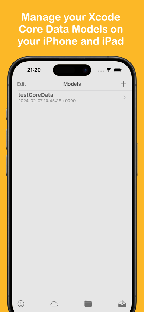 Core Data Manager - Interface de l'application Core Data Manager sur un iPhone affichant une liste de modèles core data Xcode