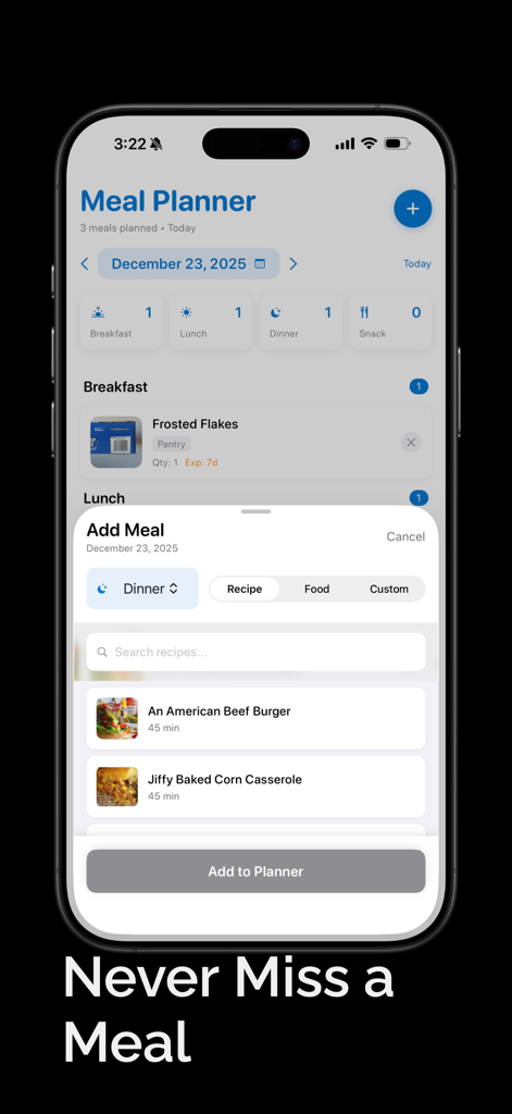 Food Stocks • Pantrino - Écran du planificateur de repas de l'application Pantrino montrant les repas quotidiens et les suggestions de recettes basées sur l'inventaire du garde-manger