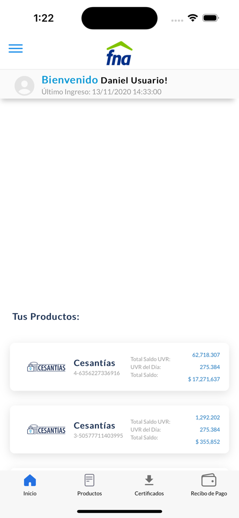 FNA Móvil Ágil - User dashboard on the FNA Movil Agil app showing severance pay products and balances