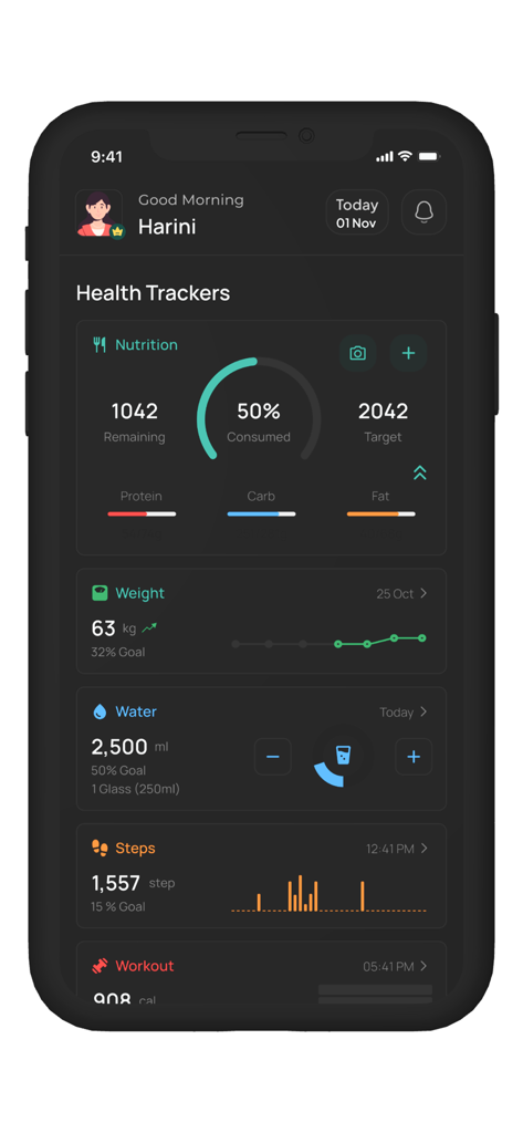 FitMom Club: Health & Wellness - Tableau de bord des trackers de santé FitMom Club montrant le suivi de la nutrition, du poids, de l'eau et des pas.