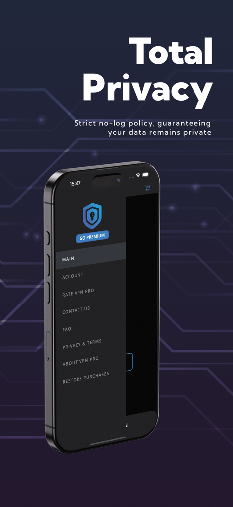Pantalla de iPhone mostrando el menú de la aplicación VPN Pro con mensaje de privacidad total