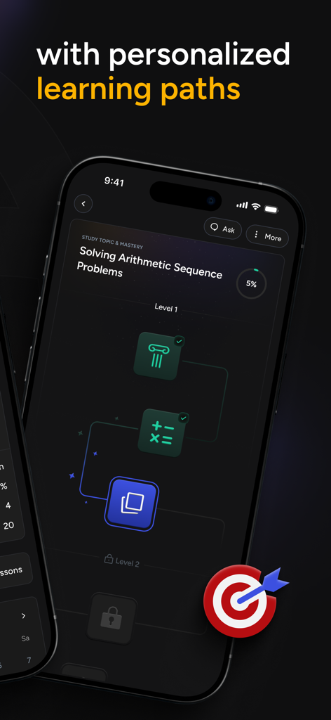 Screenshot der Astra AI App-Oberfläche, die einen personalisierten Lernpfad für arithmetische Folgenprobleme zeigt
