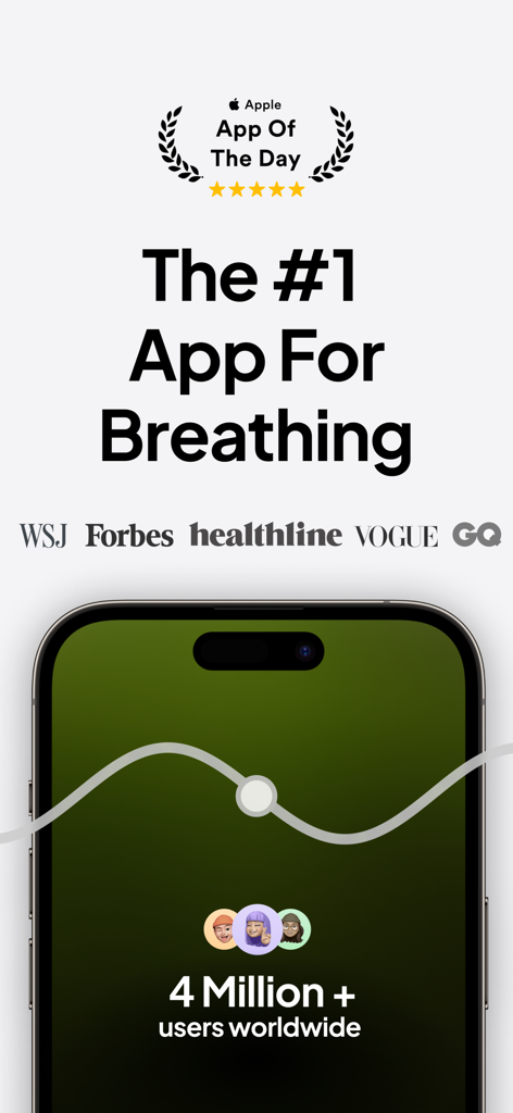 Breathwrk app promotional screen showing its number one ranking for breathing and over four million users worldwide