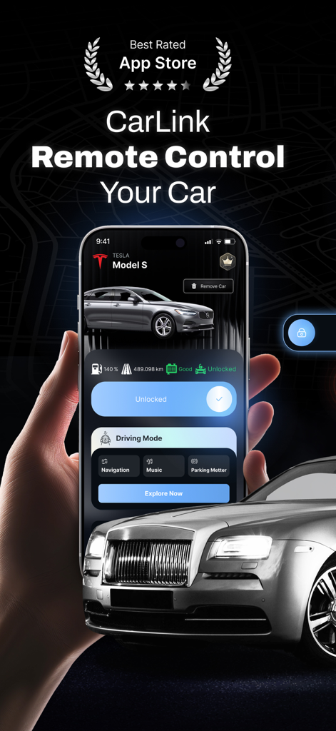 CarLink:Mirror Link Car Screen - A hand holding an iPhone displaying the CarLink app interface for remote car control and vehicle monitoring