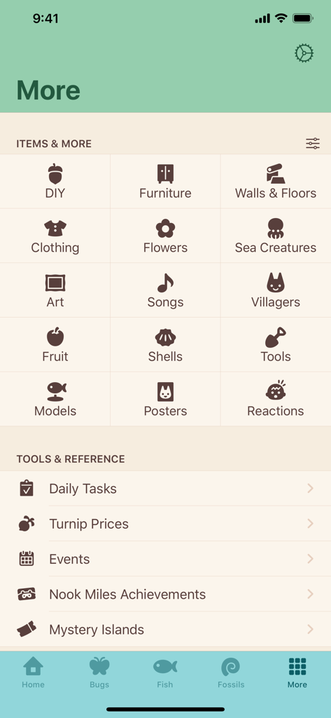 Uma captura de tela da aba 'Mais' no aplicativo Guia de Viagem ACNH mostrando várias categorias de itens e ferramentas do jogo.