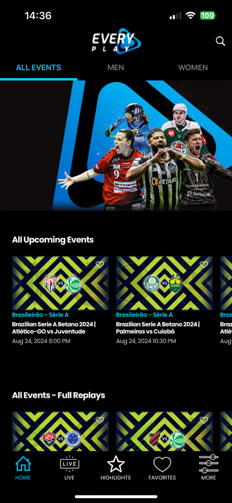EveryPlay Live - EveryPlay Live app home screen showing upcoming sports events and highlights