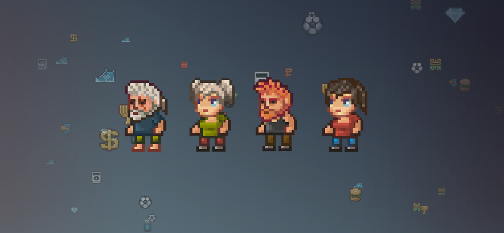 Four pixel art characters from the game PixelTerra on a dark background