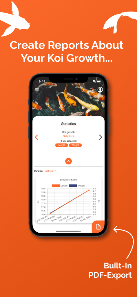 KoiControl app interface showing a koi fish growth chart and PDF export option.