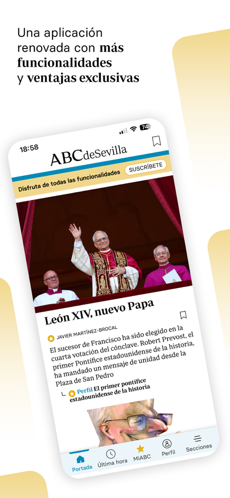 Diario ABC de Sevilla - Interfaccia dell'app mobile ABC de Sevilla su iPhone con notizie dell'ultima ora e menu di navigazione