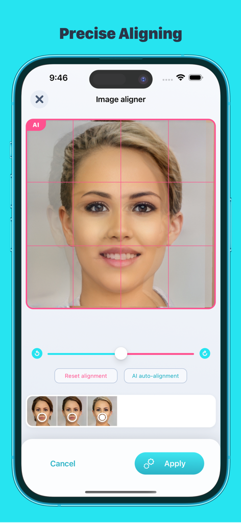 Un'interfaccia mobile dell'app iMed che mostra uno strumento di allineamento preciso dell'immagine IA per foto del viso del paziente.