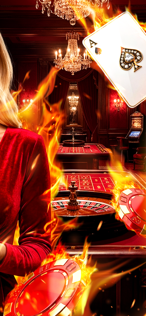 ルーレット台、赤い装飾、燃えるチップとカードがある高級カジノの内部