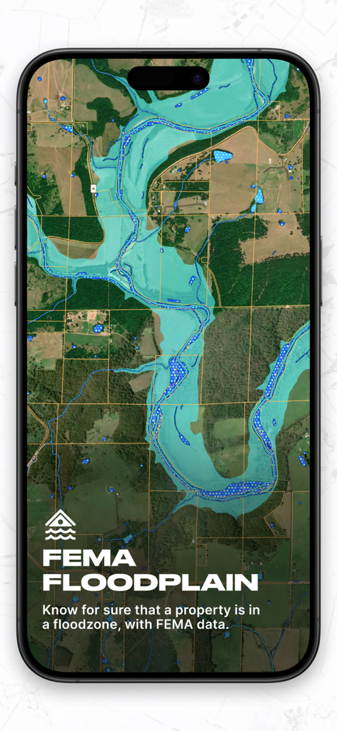 Land id app interface showing FEMA floodplain data overlays on a satellite property map for due diligence.