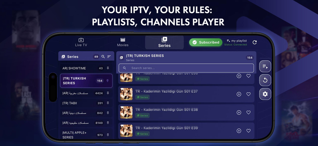 OTT Nav Tivimain IPTV Smarters - A smartphone display of an IPTV app showing a series library with categories and episode listings in a modern interface