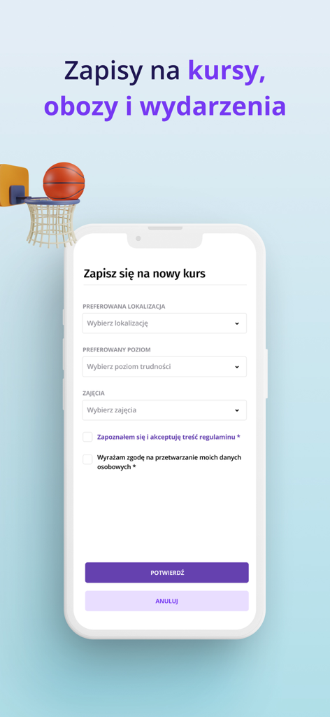 ActiveNow - ActiveNow app screen showing the sign-up form for new extracurricular courses and sports activities.