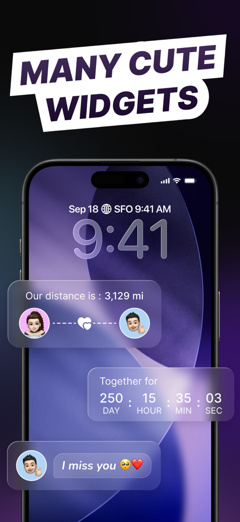 Lock screen widgets for couples displaying relationship distance, time together counter, and sweet messages