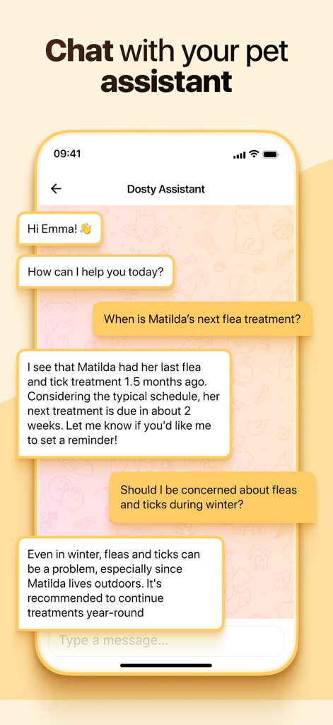 Smartphone screen showing the Dosty app chat interface with a virtual pet assistant providing health advice.