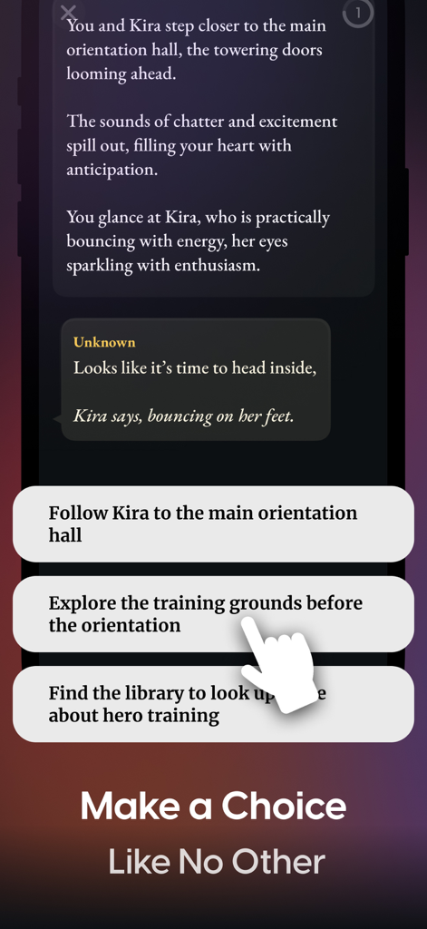 Storia - Play Visual Novels AI - Interactive narrative choice screen in the Storia visual novel app showing multiple story paths.
