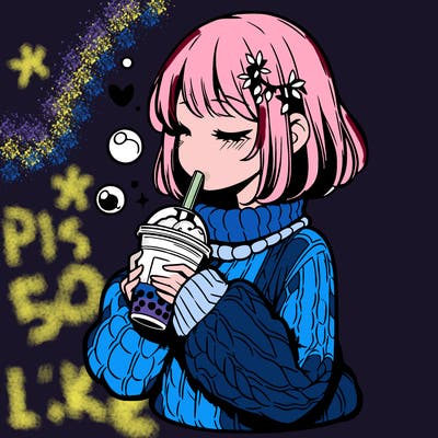 manga girl drinking boba in cozy sweater